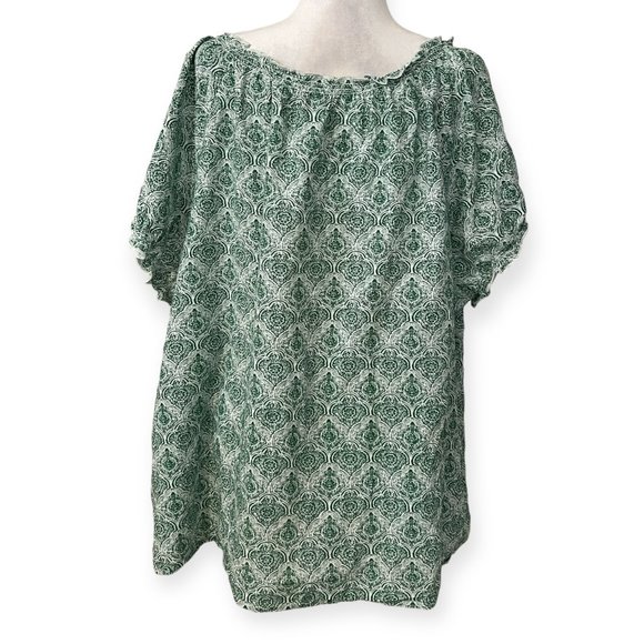 ellos Women's Top Green Geometric Short Sleeve Size 2X Blouse Cotton Tie Neck - Picture 2 of 6